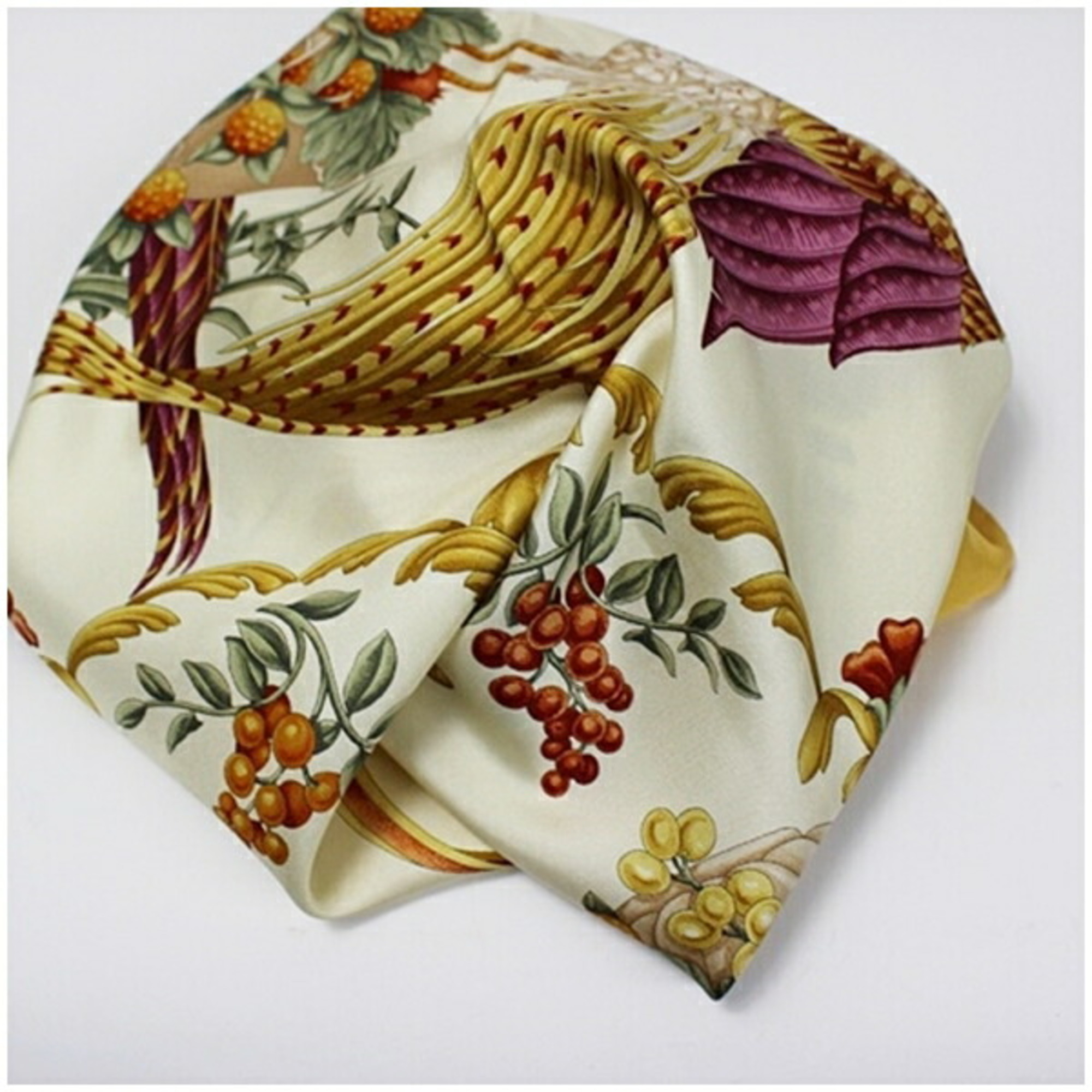 Salvatore Ferragamo Silk Scarf Muffler Bird and Fruit Pattern Ivory x Yellow FerragamoI Women's Paper