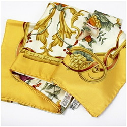 Salvatore Ferragamo Silk Scarf Muffler Bird and Fruit Pattern Ivory x Yellow FerragamoI Women's Paper