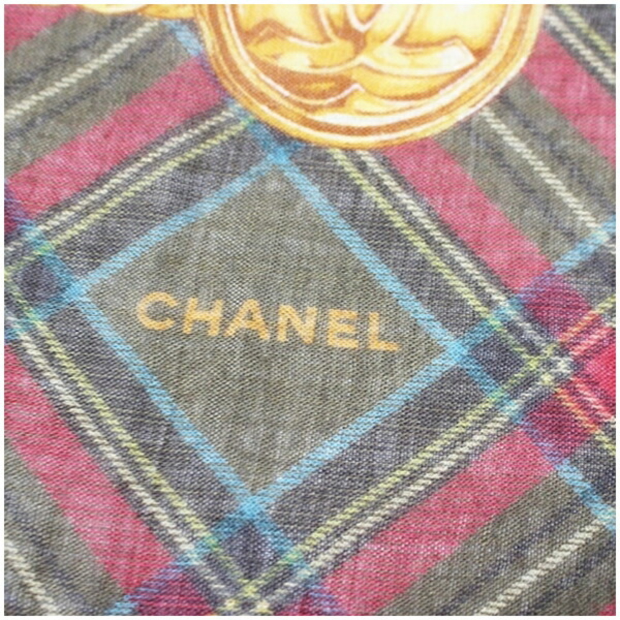 CHANEL Silk x Cashmere Scarf Muffler Check Pattern Khaki Red Women's