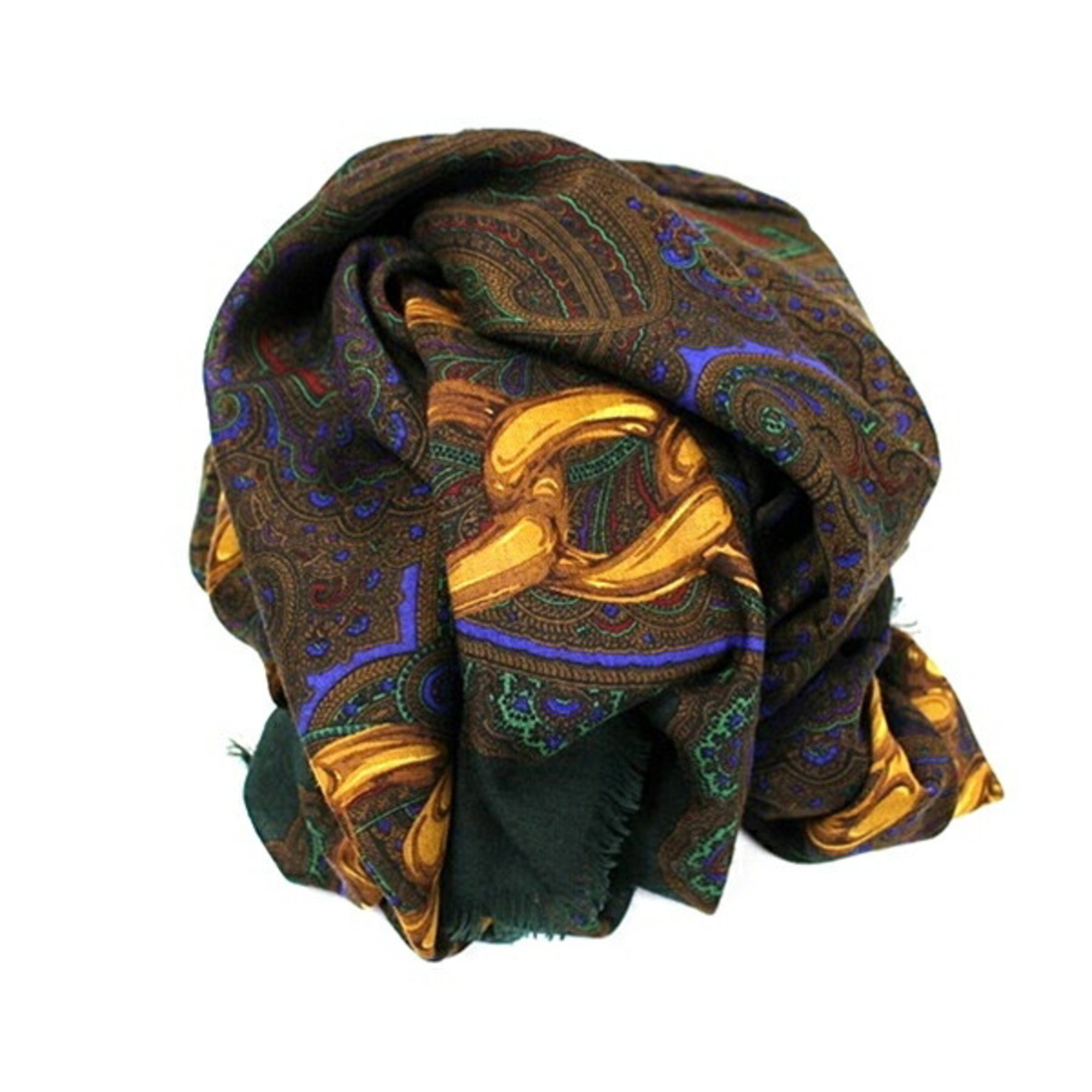 Chanel Silk x Cashmere Large Scarf Muffler Stole Paisley Pattern Green Multicolor CHANEL Women's