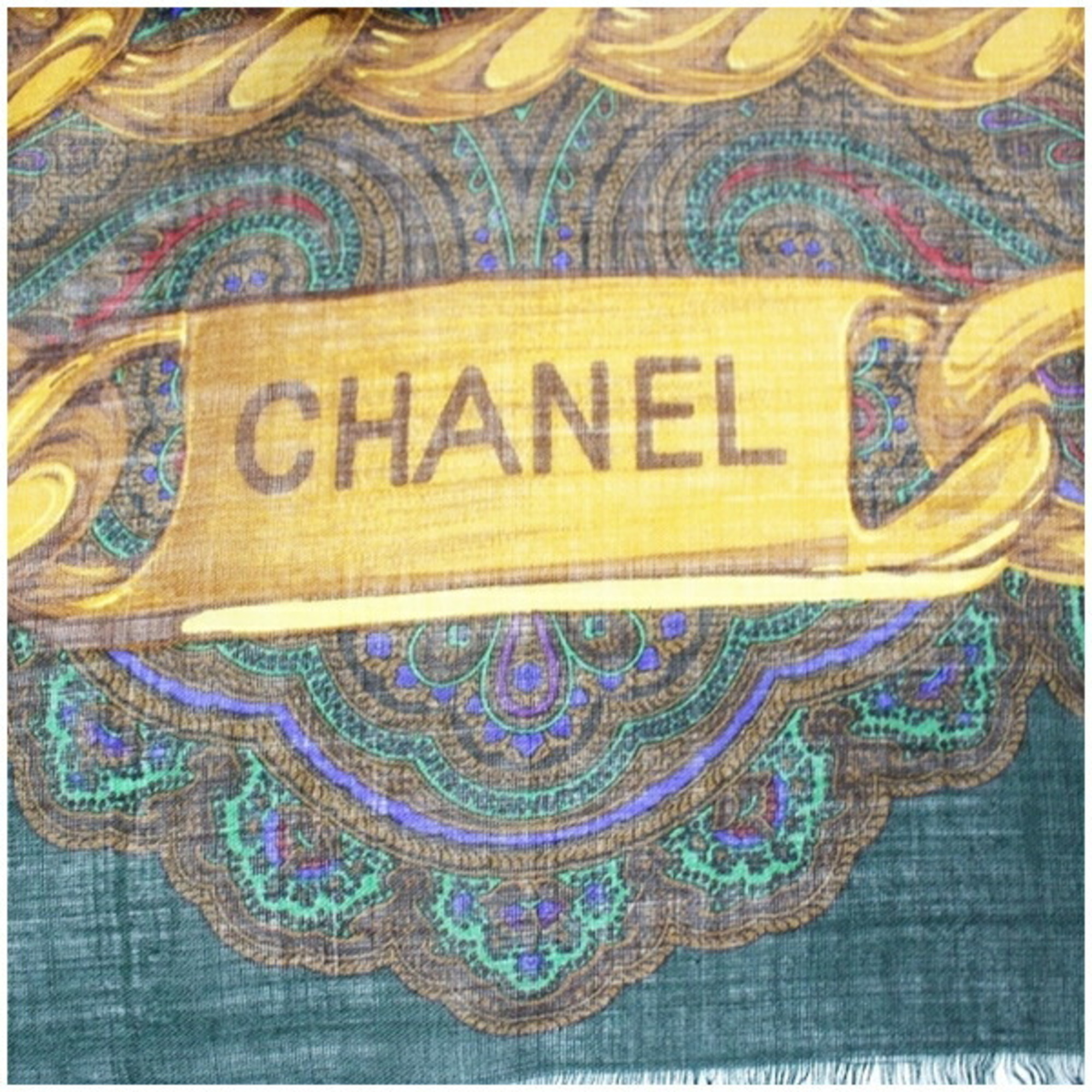 Chanel Silk x Cashmere Large Scarf Muffler Stole Paisley Pattern Green Multicolor CHANEL Women's