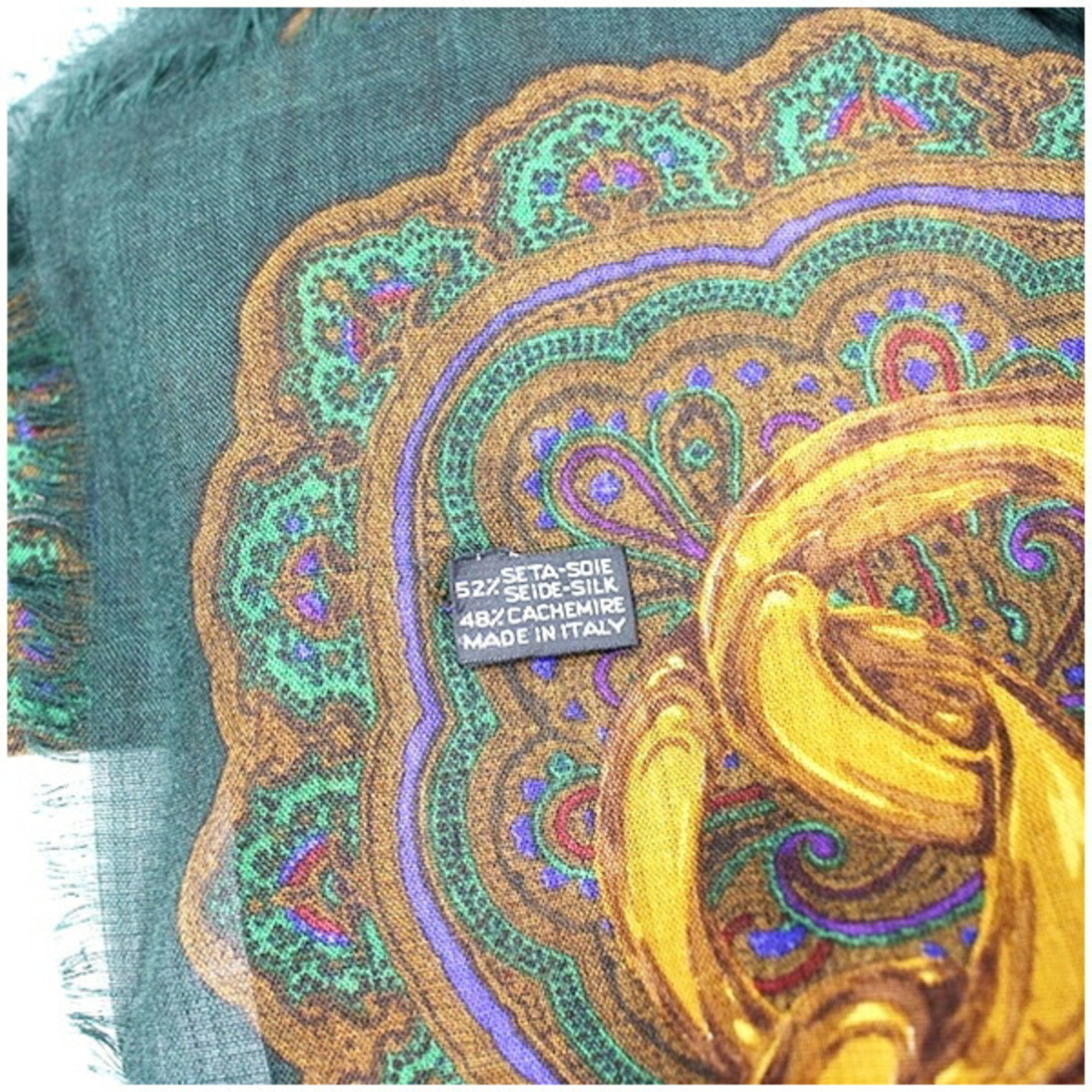 Chanel Silk x Cashmere Large Scarf Muffler Stole Paisley Pattern Green Multicolor CHANEL Women's