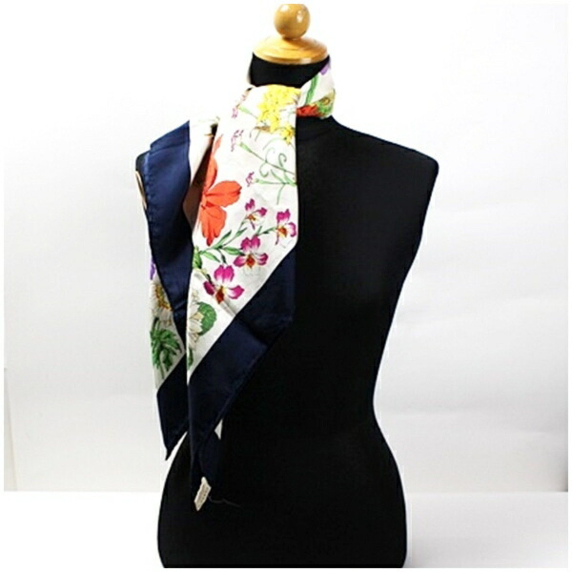 Gucci Silk Scarf Muffler White x Navy Floral Pattern GUCCI Women's