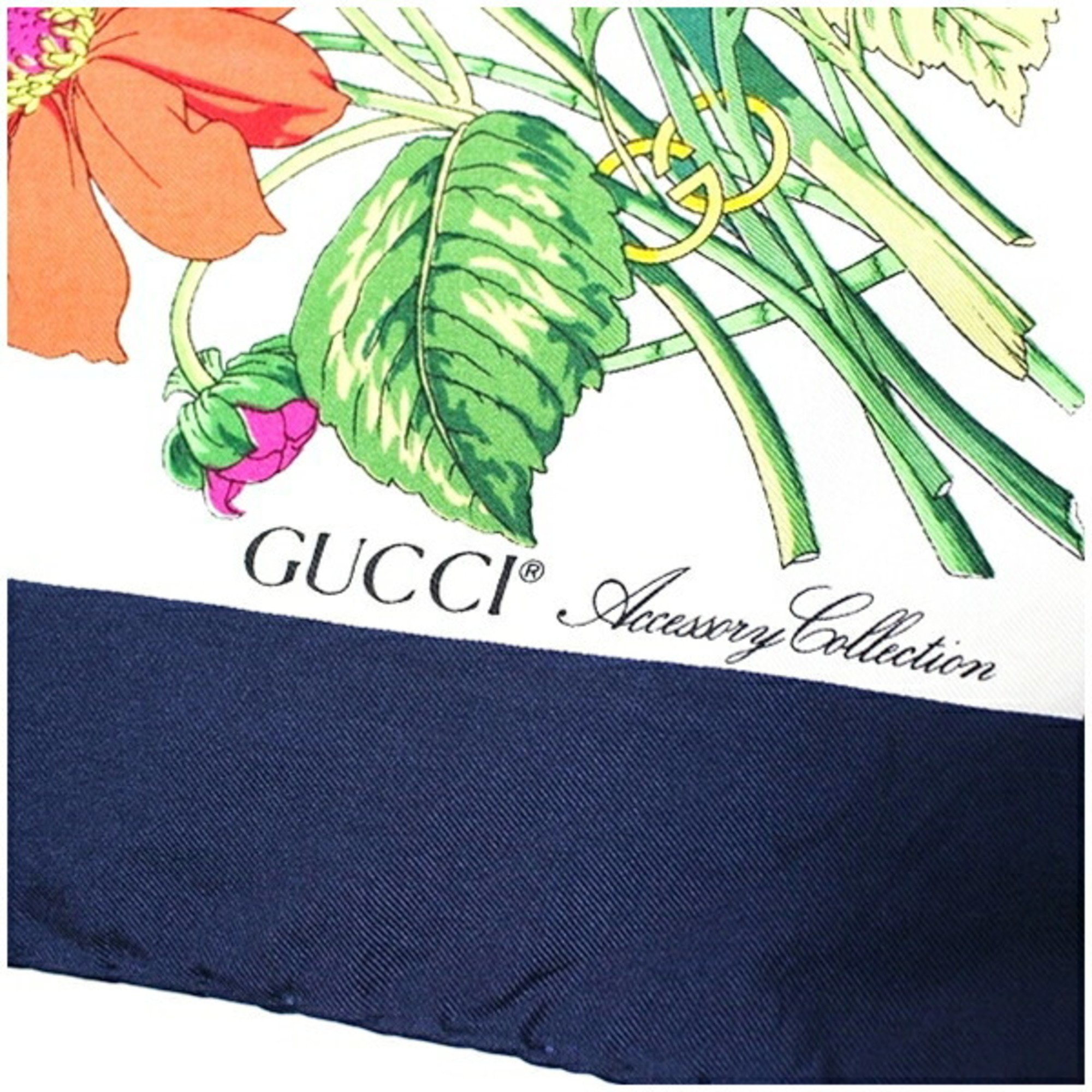 Gucci Silk Scarf Muffler White x Navy Floral Pattern GUCCI Women's