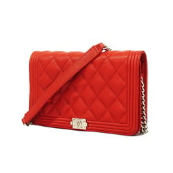 Chanel Shoulder Wallet Boy Chain Caviar Skin Red Women's