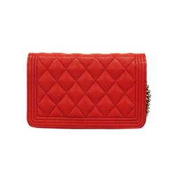 Chanel Shoulder Wallet Boy Chain Caviar Skin Red Women's