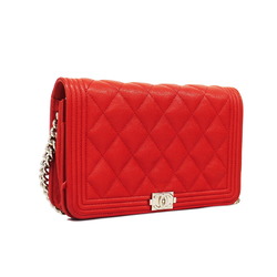 Chanel Shoulder Wallet Boy Chain Caviar Skin Red Women's