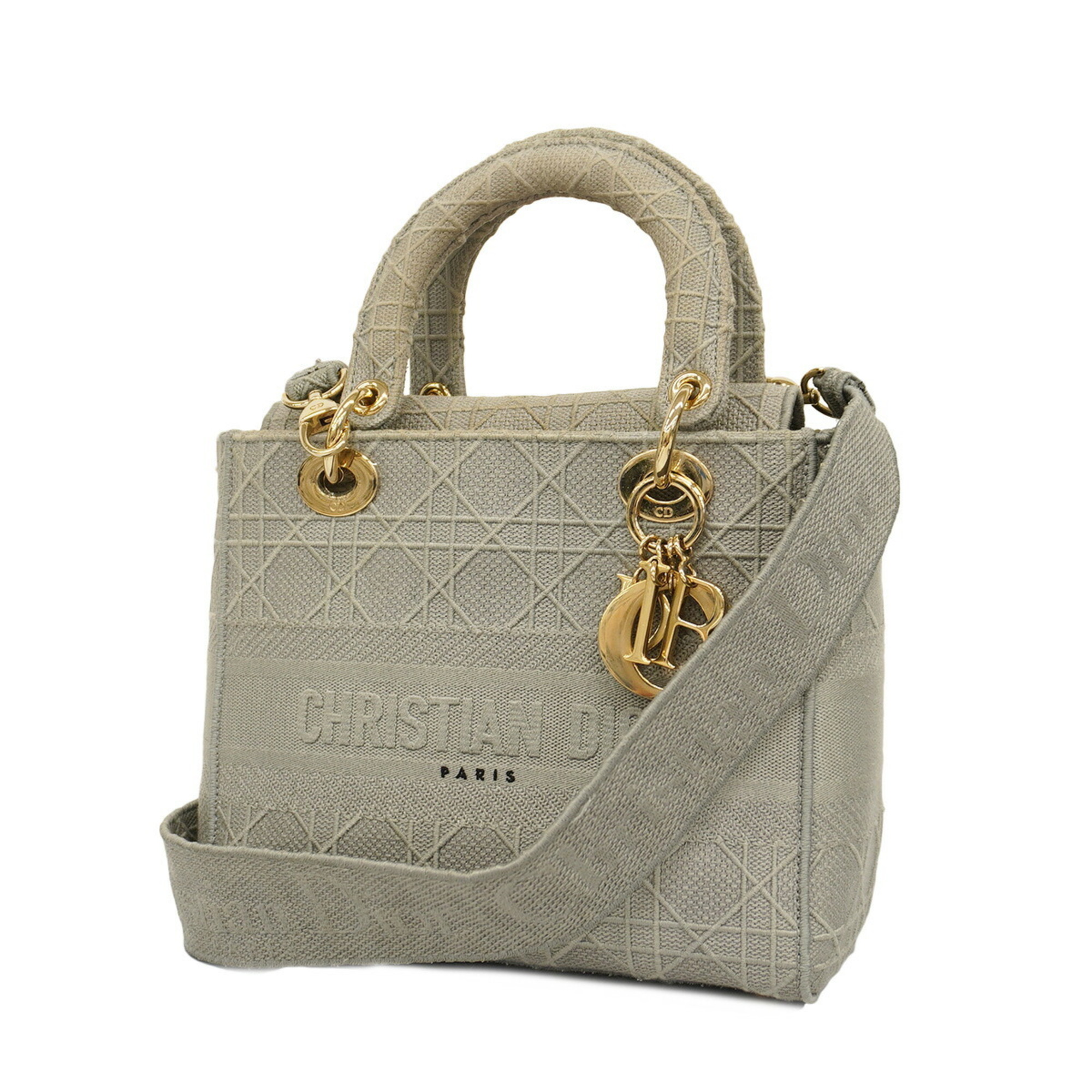 Christian Dior Handbag Cannage Lady Delight Canvas Grey Champagne Women's