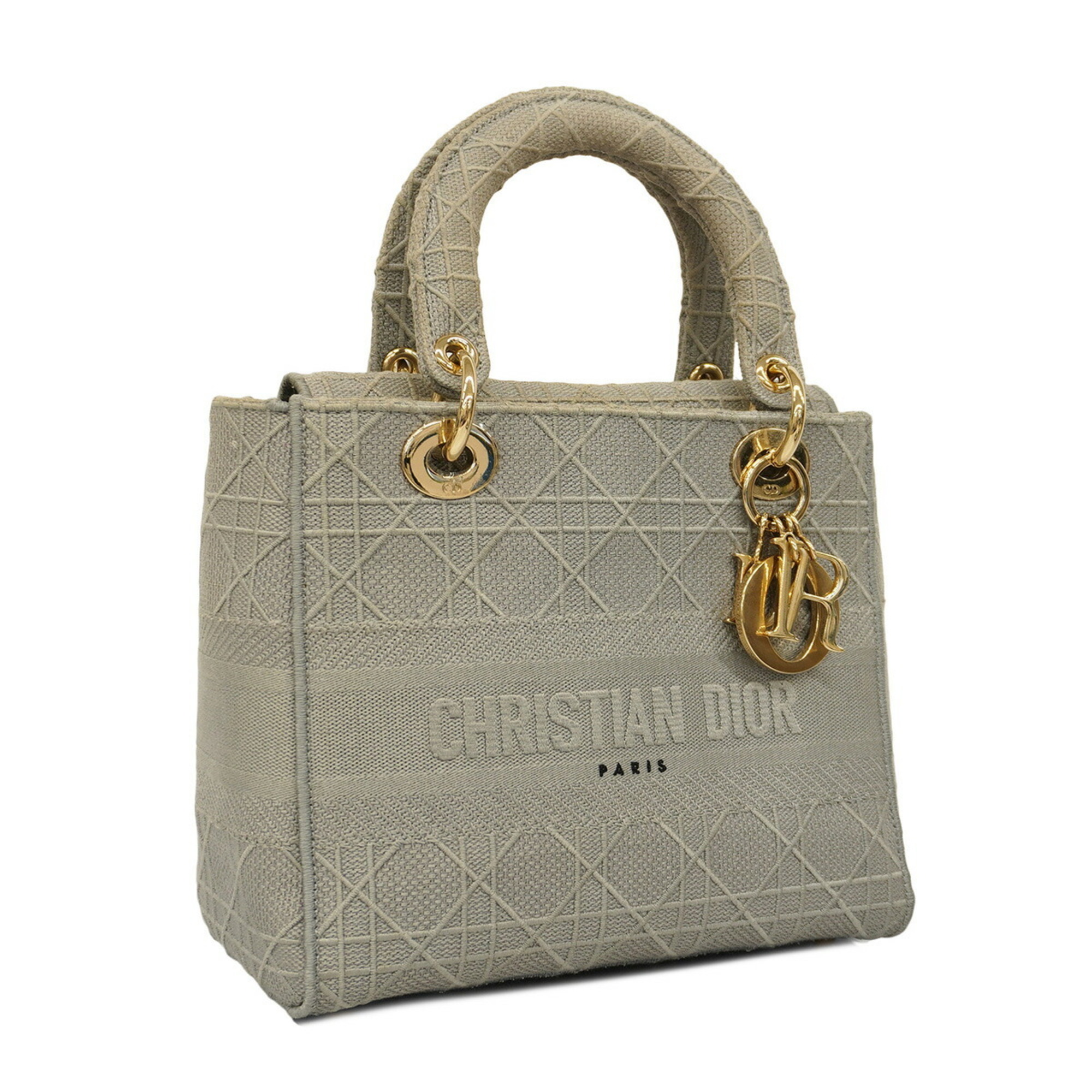 Christian Dior Handbag Cannage Lady Delight Canvas Grey Champagne Women's