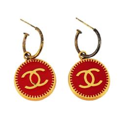 Chanel Earrings Coco Mark Circle GP Plated Gold Red 01P Women's