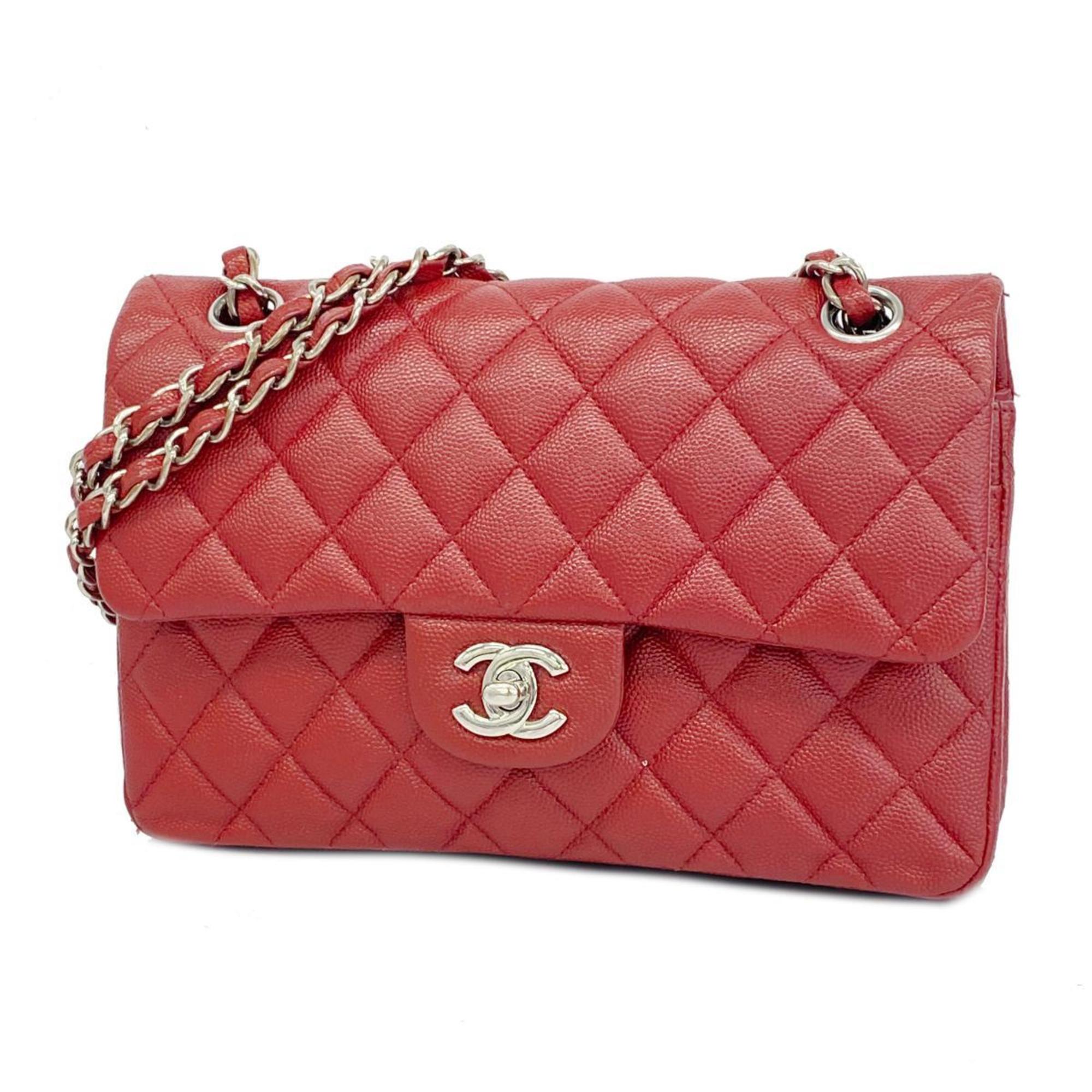 Chanel Shoulder Bag Matelasse W Flap Chain Caviar Skin Red Women's