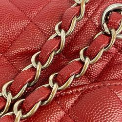 Chanel Shoulder Bag Matelasse W Flap Chain Caviar Skin Red Women's