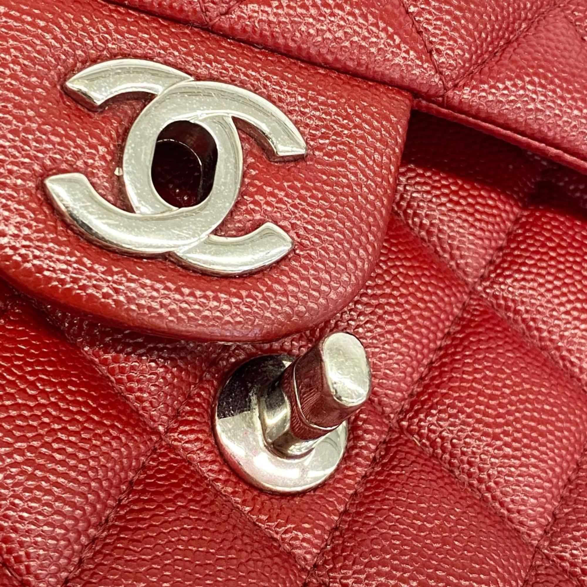 Chanel Shoulder Bag Matelasse W Flap Chain Caviar Skin Red Women's