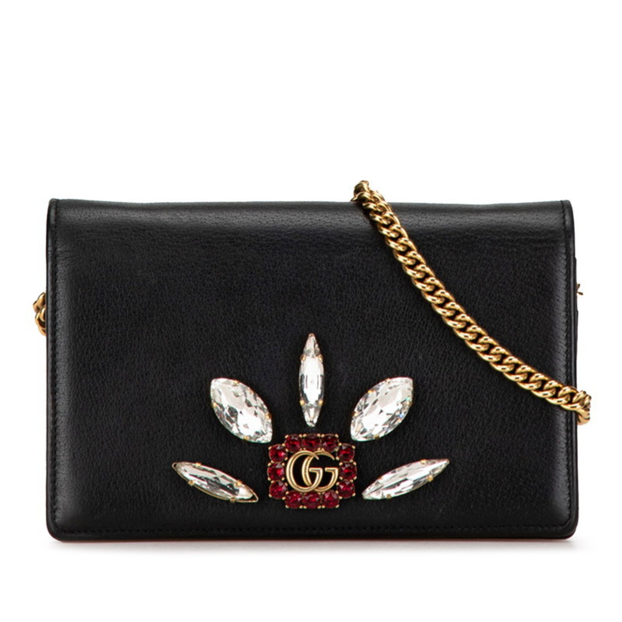 Gucci GG Marmont Jeweled Mirror Chain Wallet Shoulder Bag 499782 Black Leather Women's GUCCI