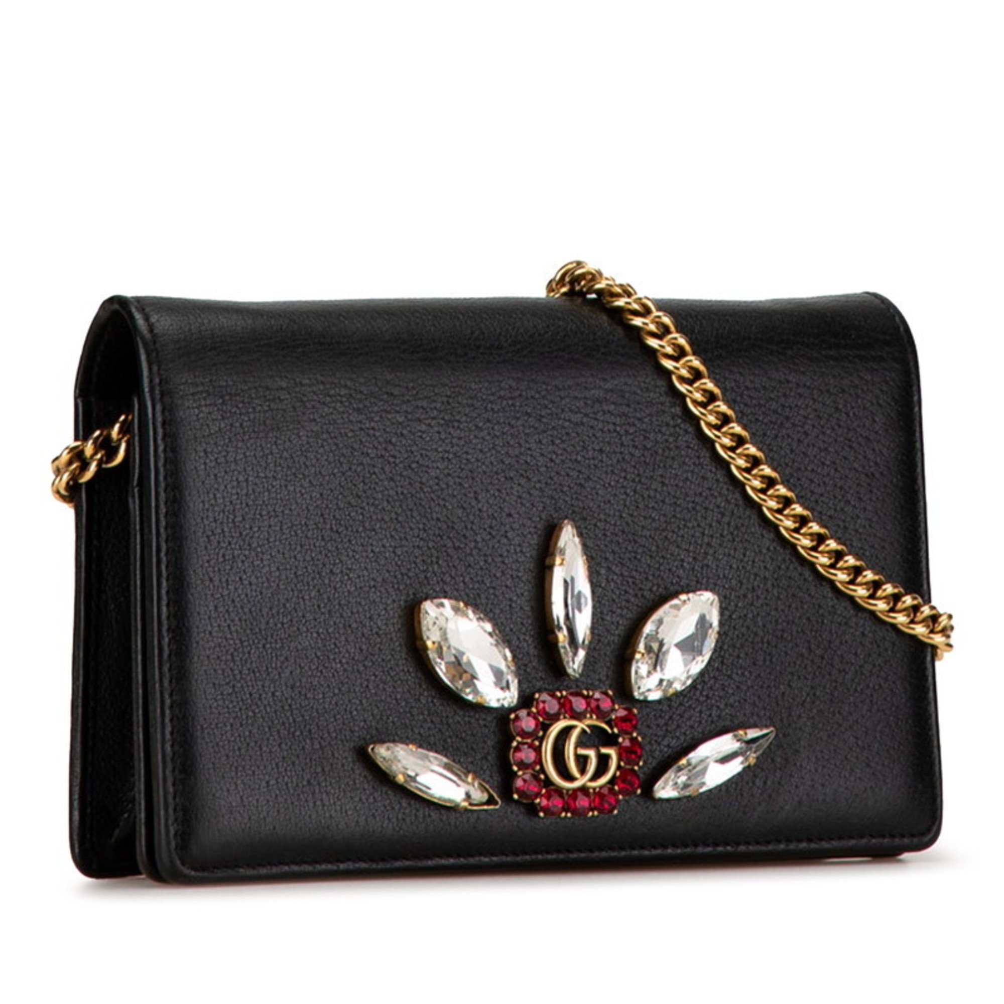 Gucci GG Marmont Jeweled Mirror Chain Wallet Shoulder Bag 499782 Black Leather Women's GUCCI