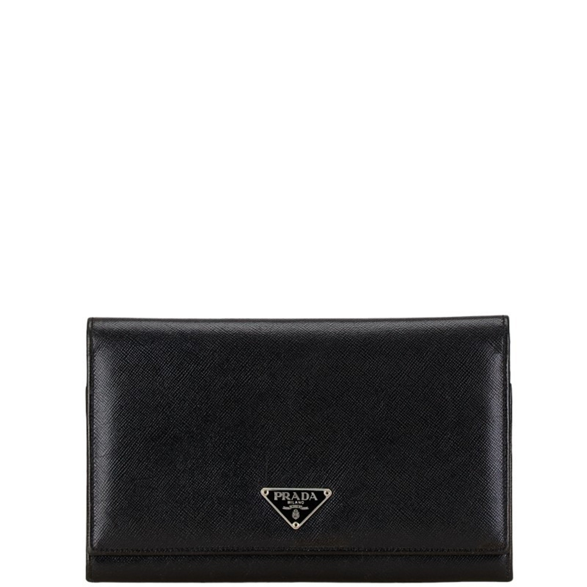 Prada Triangle Plate Long Wallet Black Leather Women's PRADA