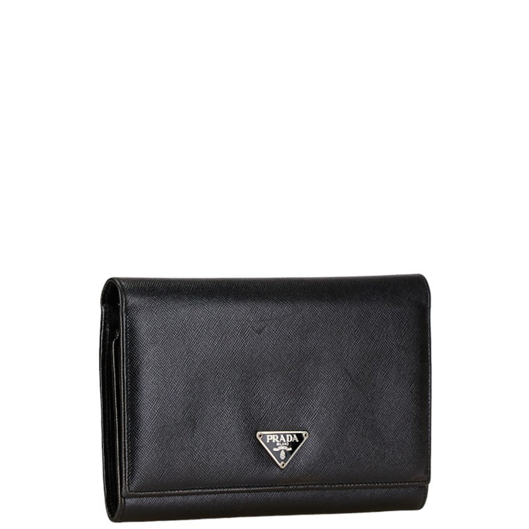 Prada Triangle Plate Long Wallet Black Leather Women's PRADA