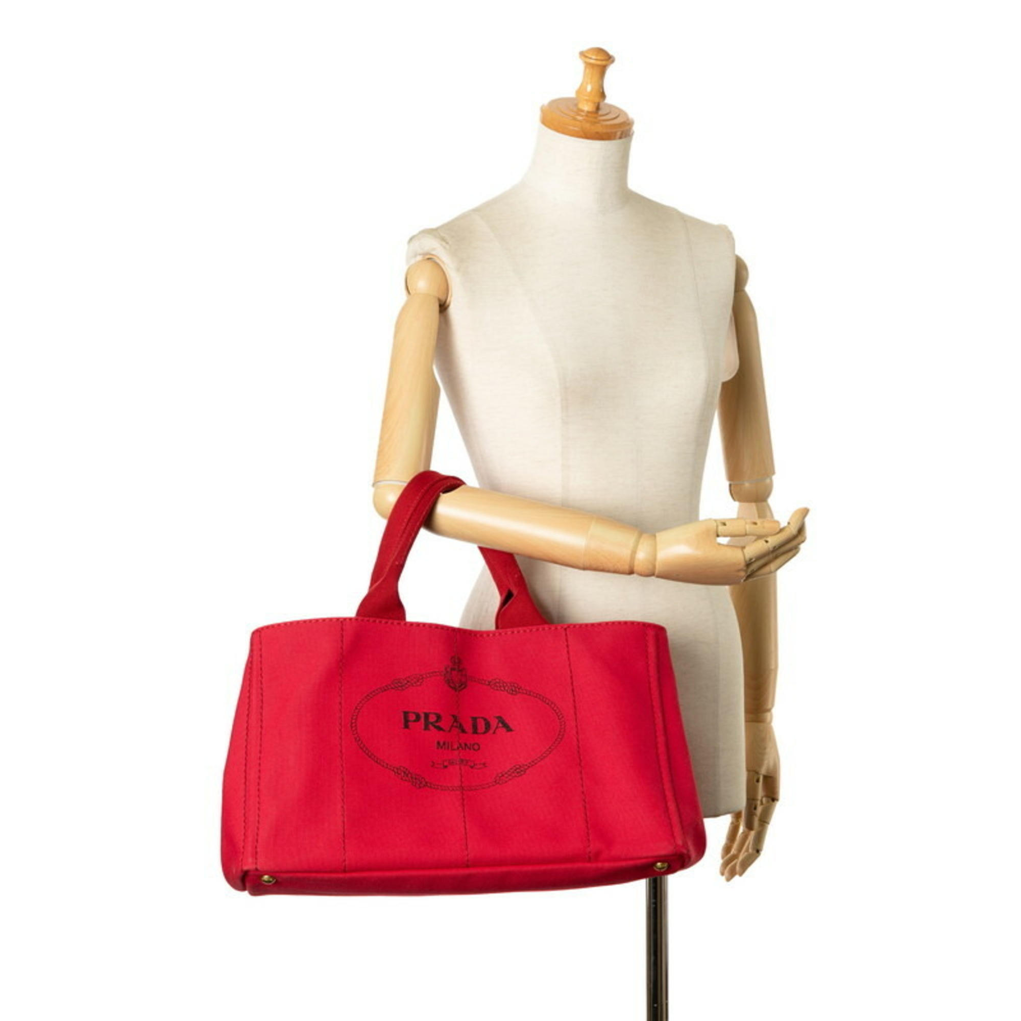 Prada Canapa L Triangle Plate Handbag Tote Bag Red Canvas Women's PRADA