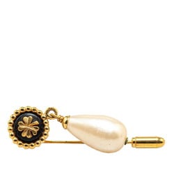 Chanel Clover Motif Faux Pearl Brooch Gold Plated Women's CHANEL