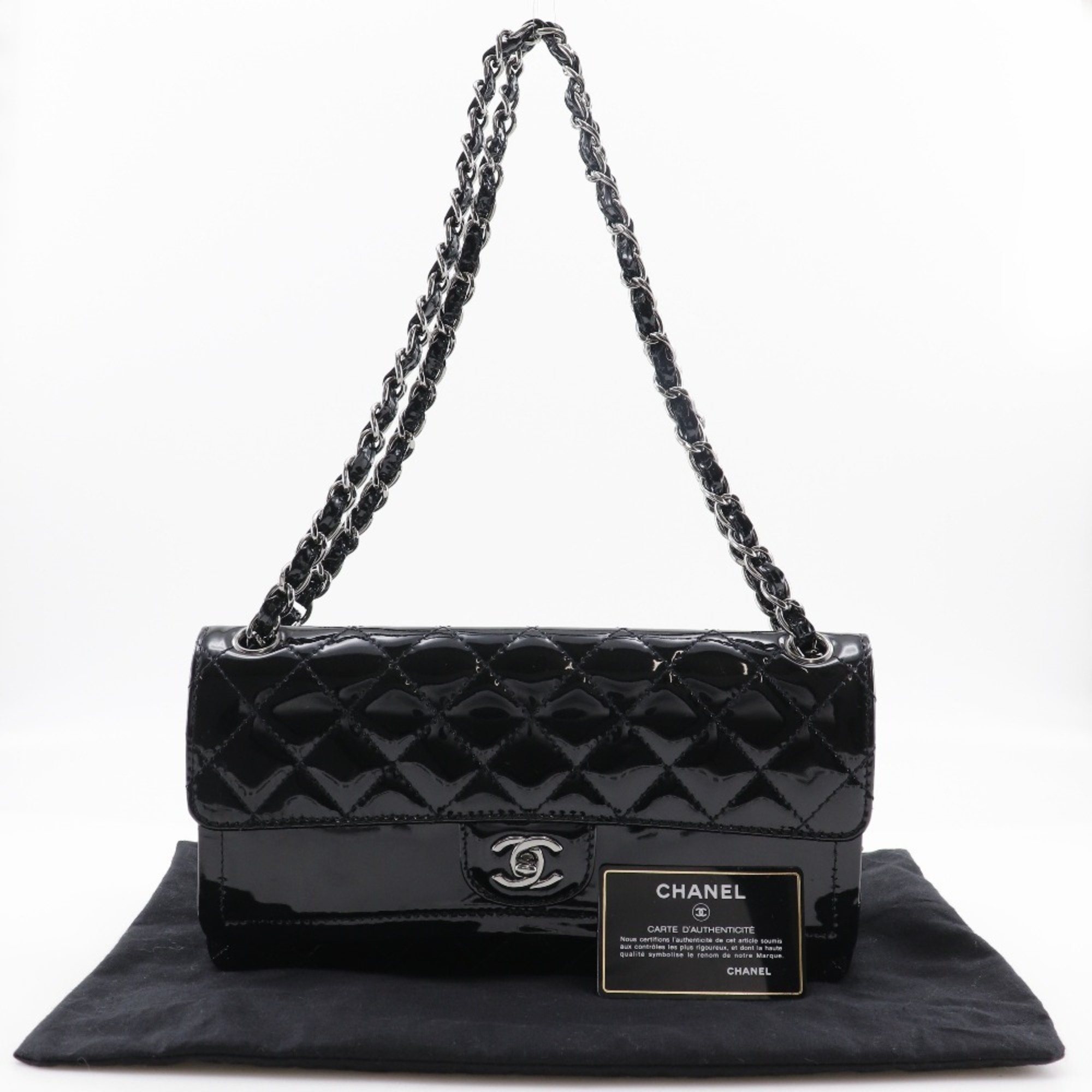 CHANEL Chain Shoulder Bag, Matelasse, Double Flap, Patent Leather, Black, Turn Lock, ChainShoulder, Women's, S180824921