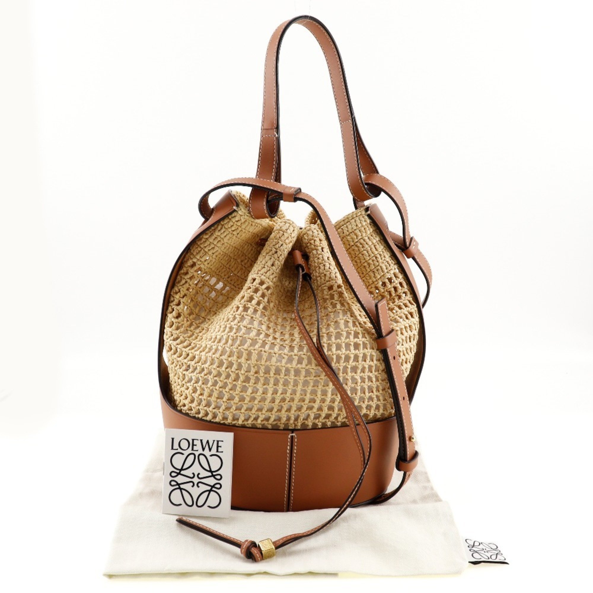 LOEWE Balloon Medium Bag Shoulder Raffia x Leather Natural Tan Brown 2way A5 Women's