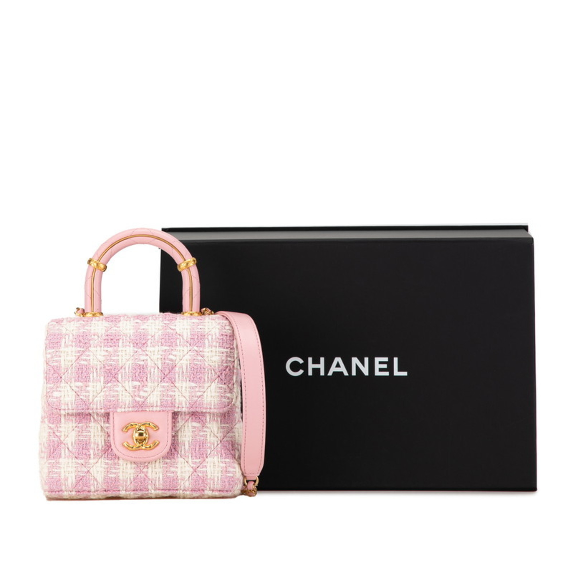 Chanel flap Coco mark chain shoulder bag handbag pink white tweed leather ladies CHANEL