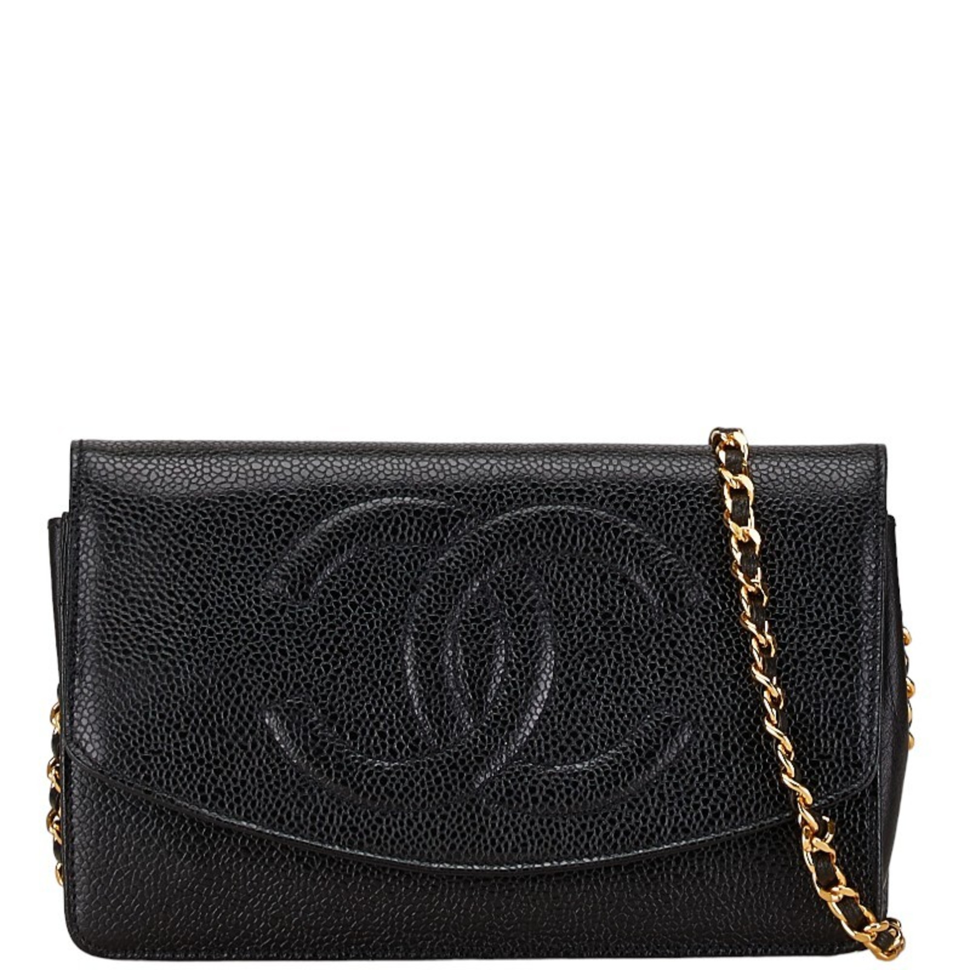 Chanel Coco Mark Chain Wallet Shoulder Bag Black Caviar Skin Leather Women's CHANEL