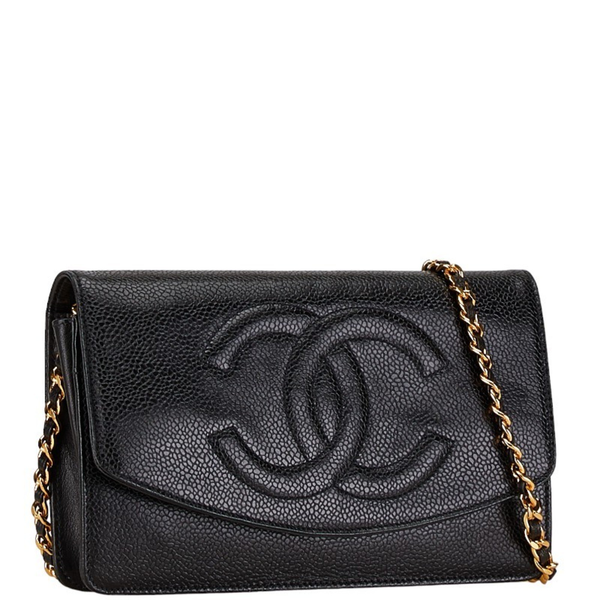 Chanel Coco Mark Chain Wallet Shoulder Bag Black Caviar Skin Leather Women's CHANEL