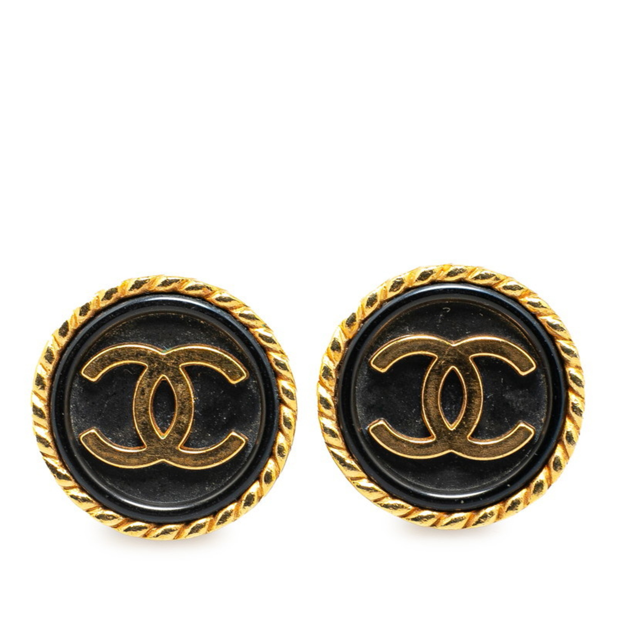 Chanel Coco Mark Round Earrings Gold Black Plated Plastic Women's CHANEL