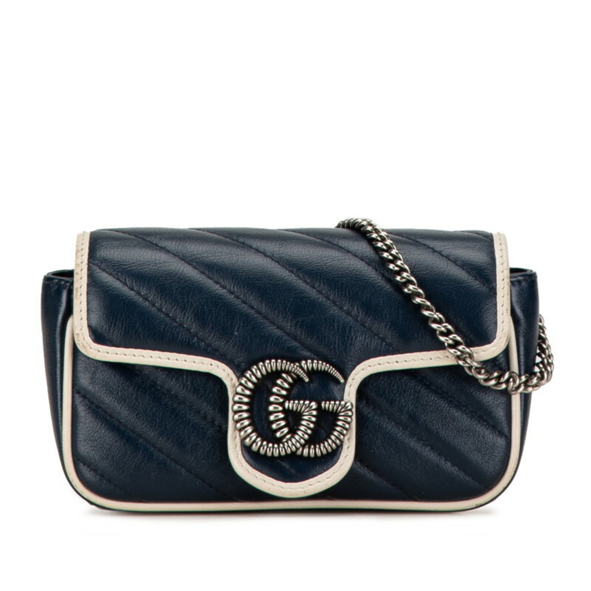 Gucci GG Marmont Chain Shoulder Bag 574969 Navy White Leather Women's GUCCI