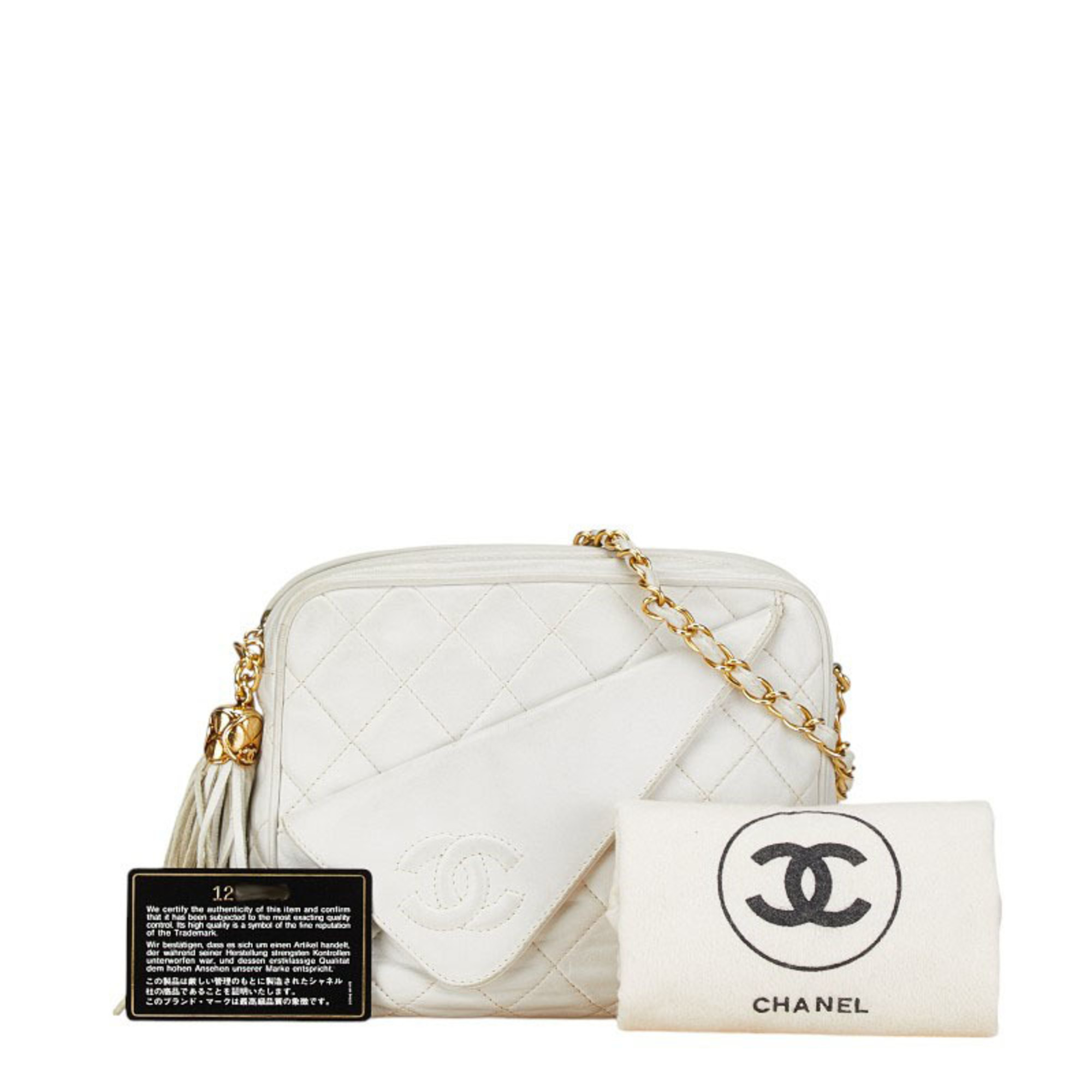 Chanel Matelasse Coco Mark Tassel Chain Shoulder Bag White Lambskin Women's CHANEL