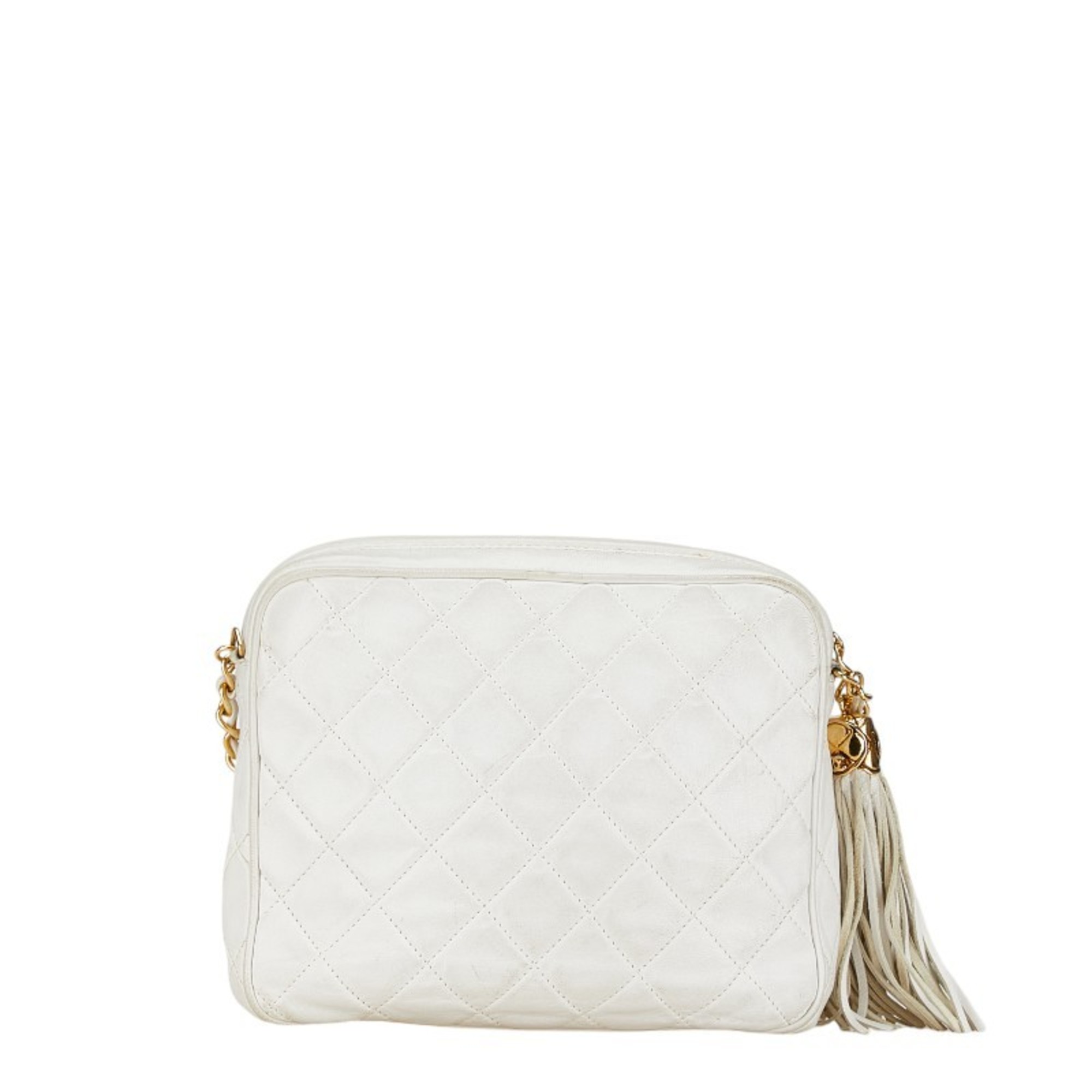 Chanel Matelasse Coco Mark Tassel Chain Shoulder Bag White Lambskin Women's CHANEL