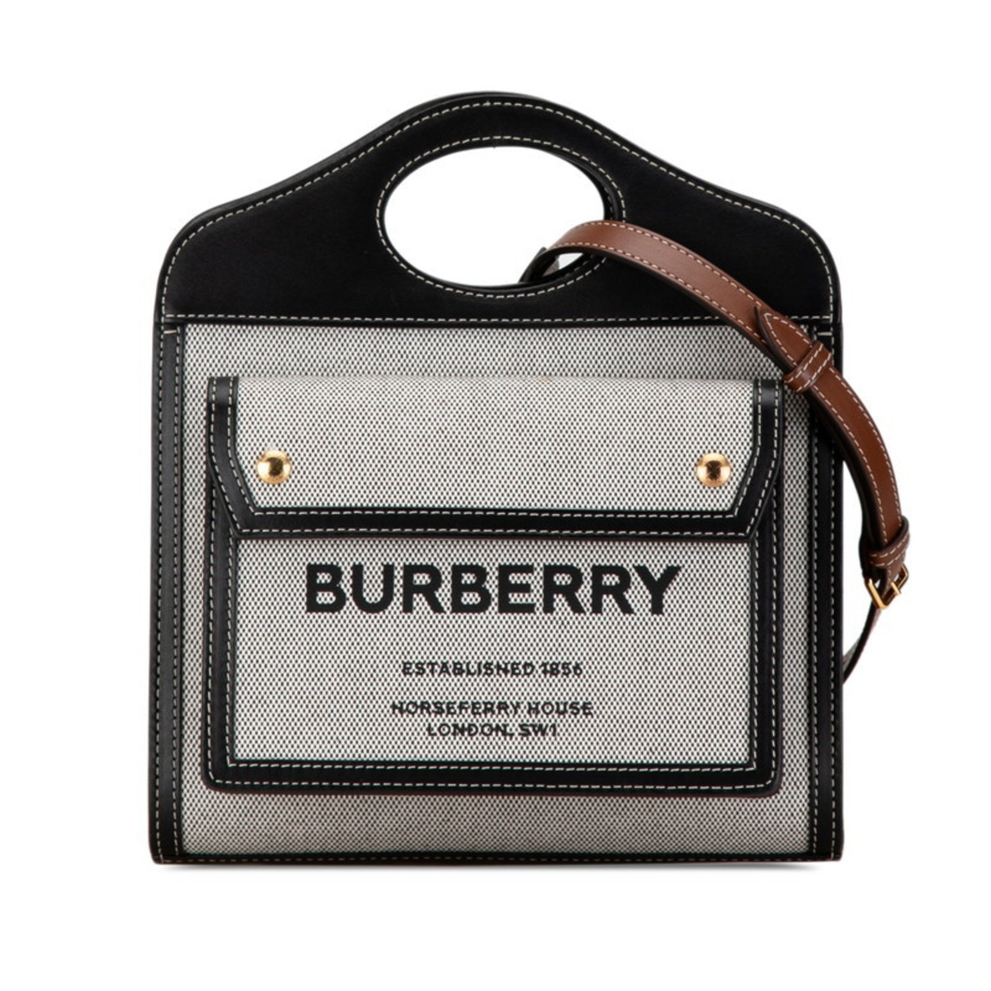 Burberry Horseferry Print Handbag Shoulder Bag Black White Canvas Leather Women's BURBERRY