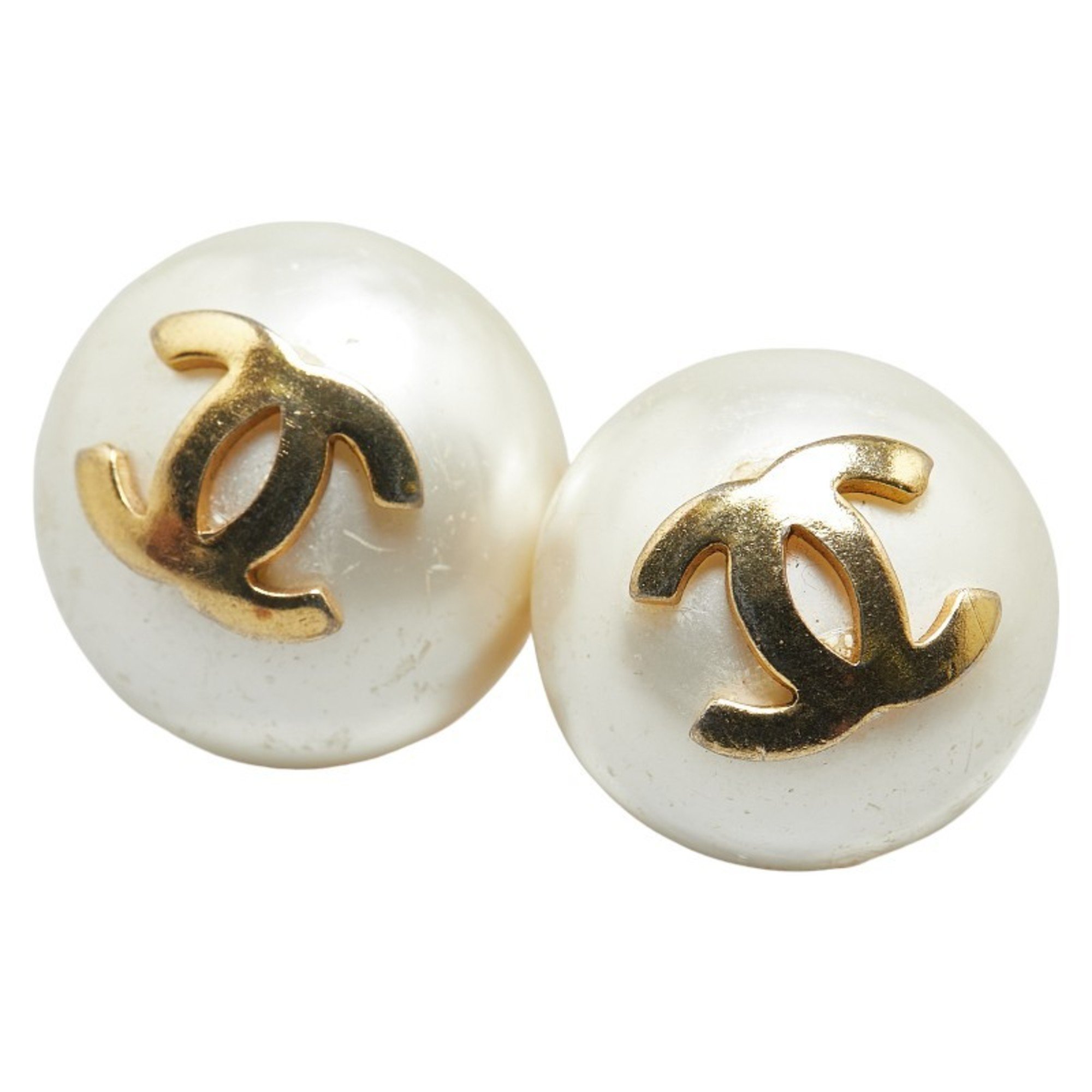 Chanel Coco Mark Fake Pearl Earrings Gold Plated Women's CHANEL