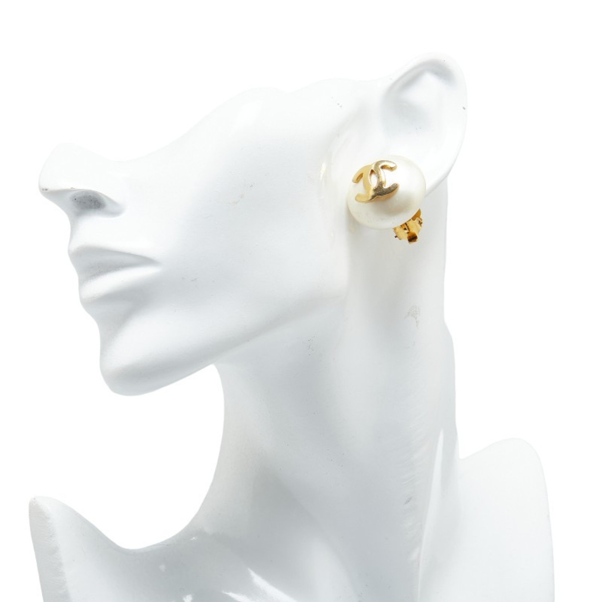 Chanel Coco Mark Fake Pearl Earrings Gold Plated Women's CHANEL