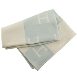 HERMES Baby Plaid Avalon Accessories Blanket Swaddling Cloth Cashmere x Wool White/Light Blue _