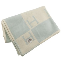 HERMES Baby Plaid Avalon Accessories Blanket Swaddling Cloth Cashmere x Wool White/Light Blue _