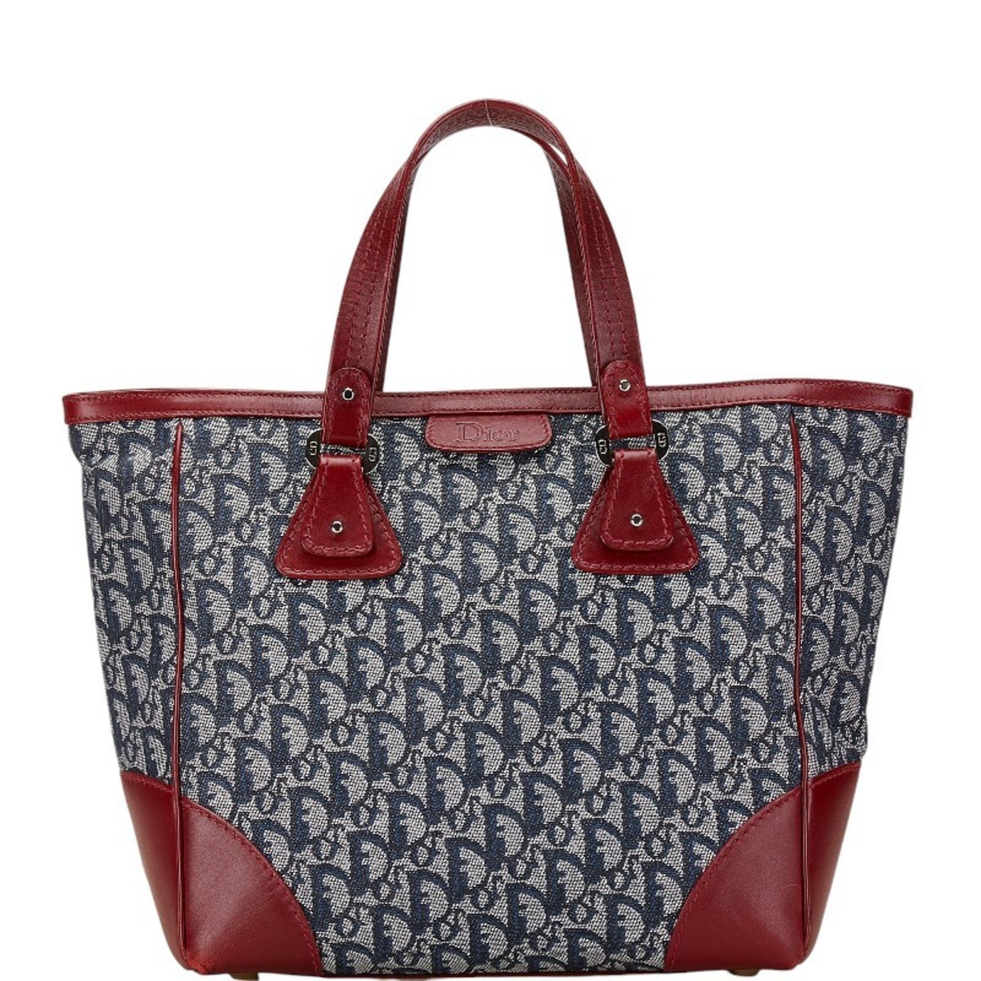 Christian Dior Dior Trotter Tote Bag Navy Wine Red Canvas Leather Women's