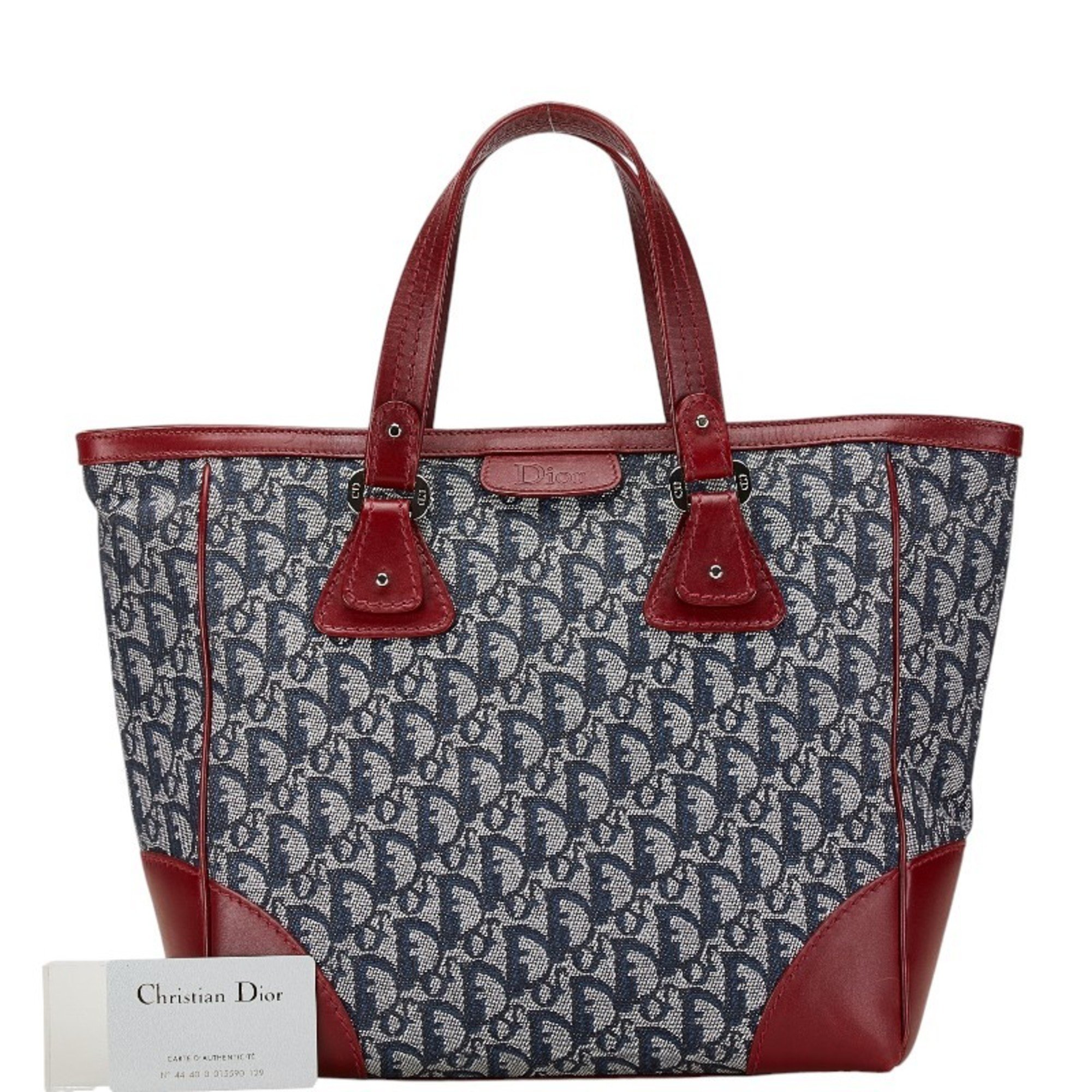 Christian Dior Dior Trotter Tote Bag Navy Wine Red Canvas Leather Women's