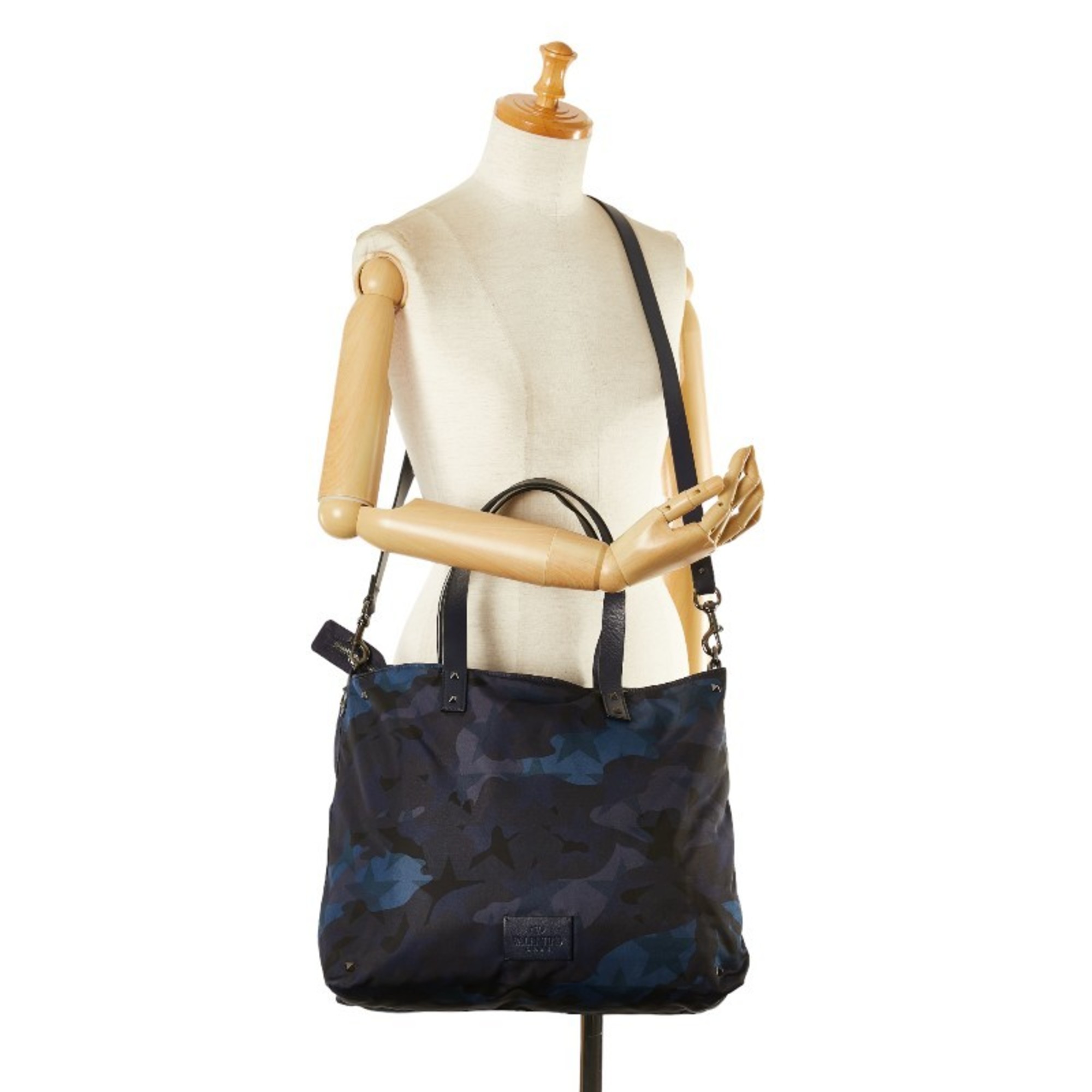 Valentino Studded Camouflage Motif Tote Bag Shoulder Navy Blue Multicolor Nylon Leather Women's