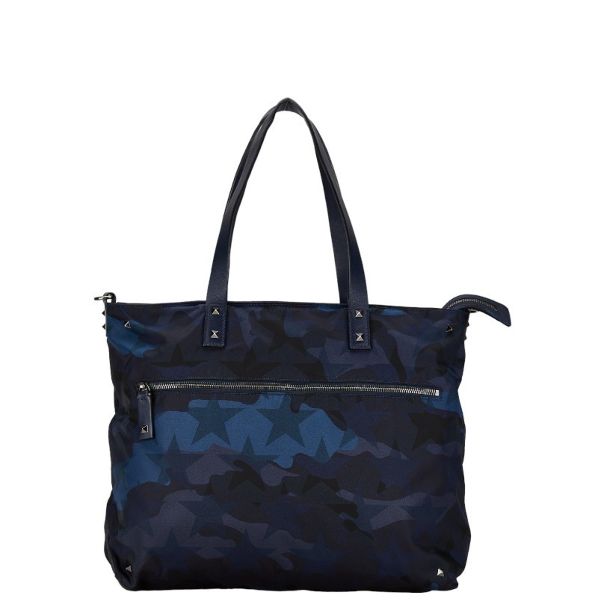 Valentino Studded Camouflage Motif Tote Bag Shoulder Navy Blue Multicolor Nylon Leather Women's