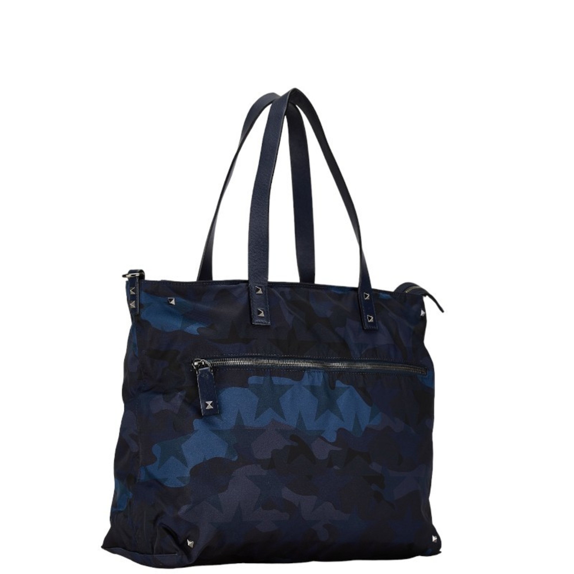 Valentino Studded Camouflage Motif Tote Bag Shoulder Navy Blue Multicolor Nylon Leather Women's