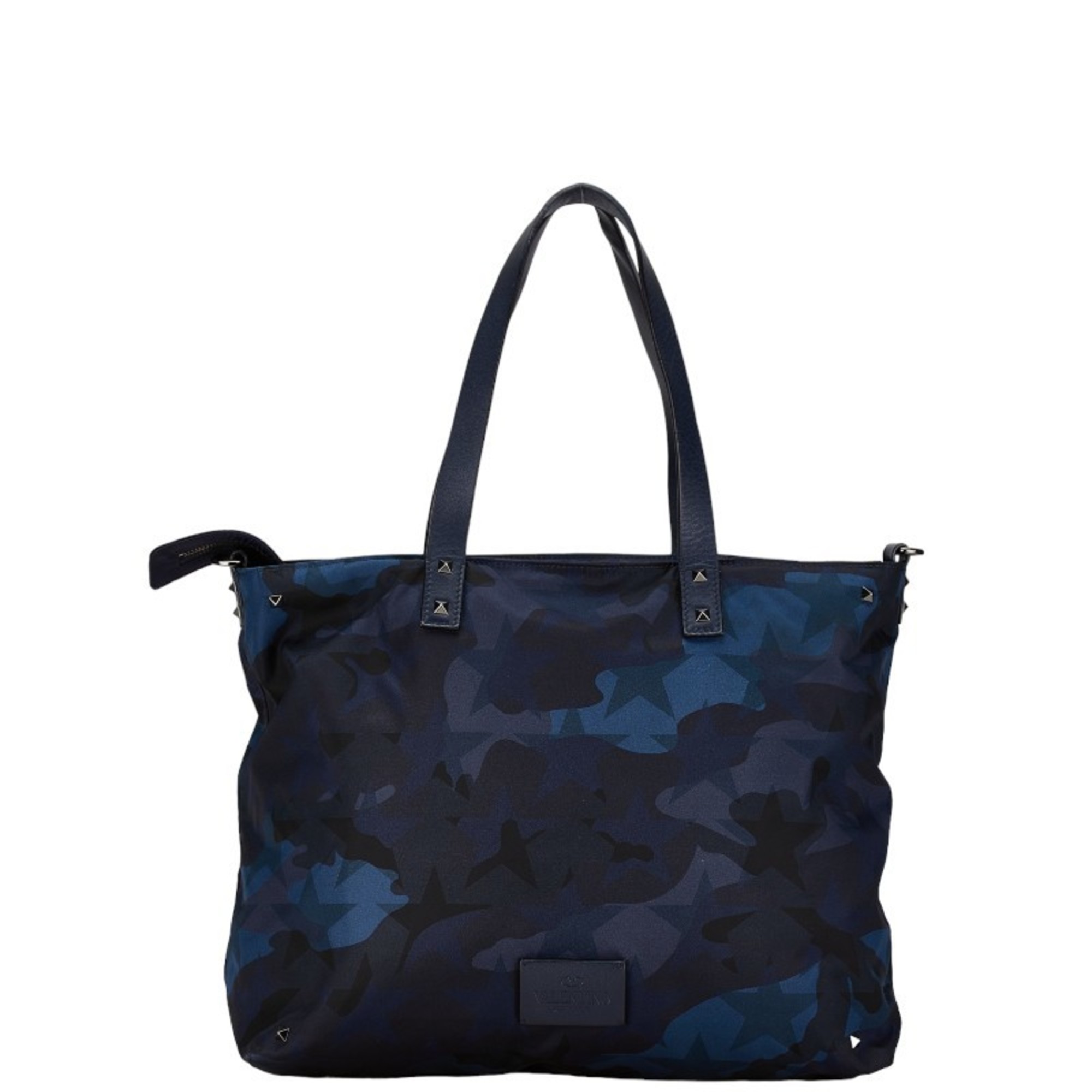 Valentino Studded Camouflage Motif Tote Bag Shoulder Navy Blue Multicolor Nylon Leather Women's