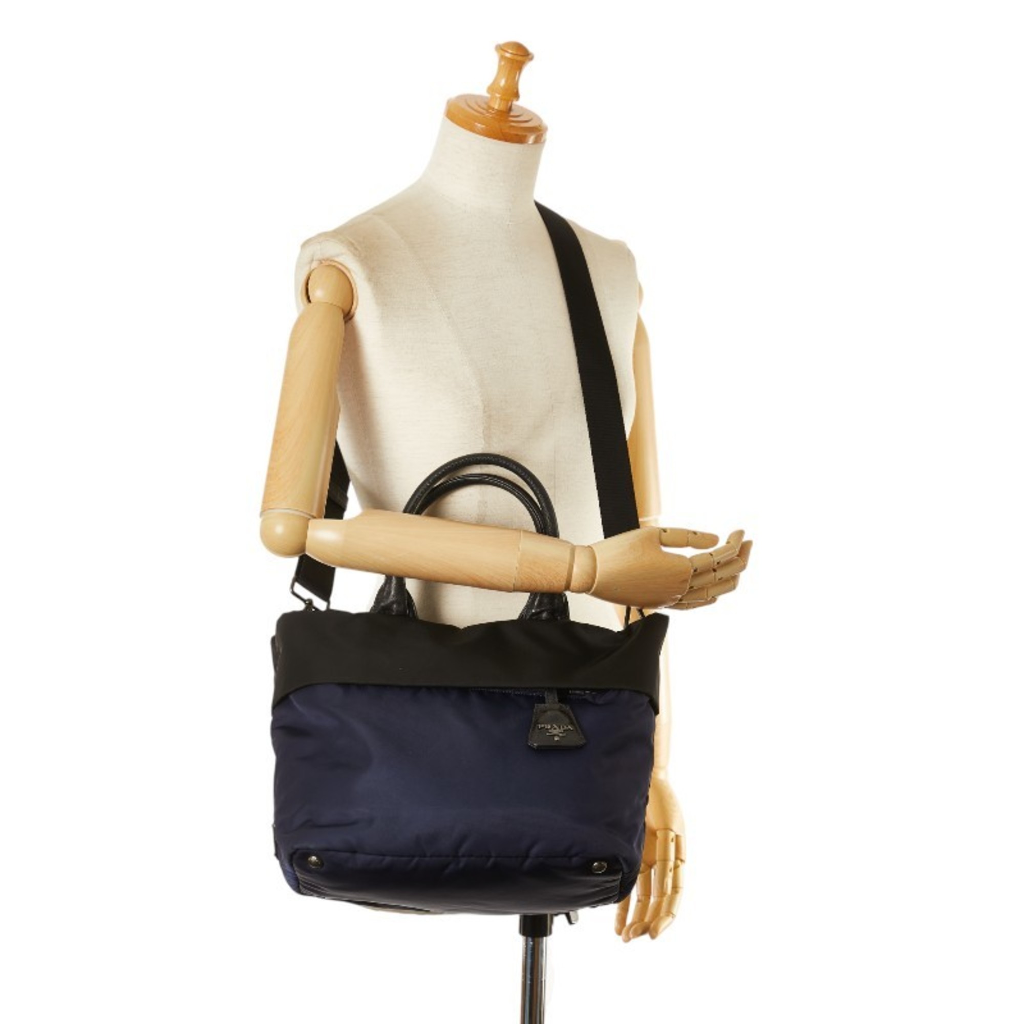 Prada Triangle Plate Tessuto Handbag Shoulder Bag B1959V Navy Black Nylon Leather Women's PRADA