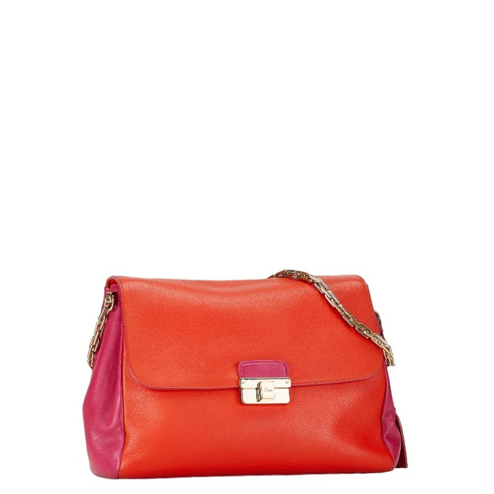 Christian Dior Dior Chain Shoulder Bag Orange Pink Leather Women's