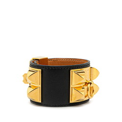 Hermes Collier de Chien Bracelet Black Gold Plated Leather Men's HERMES