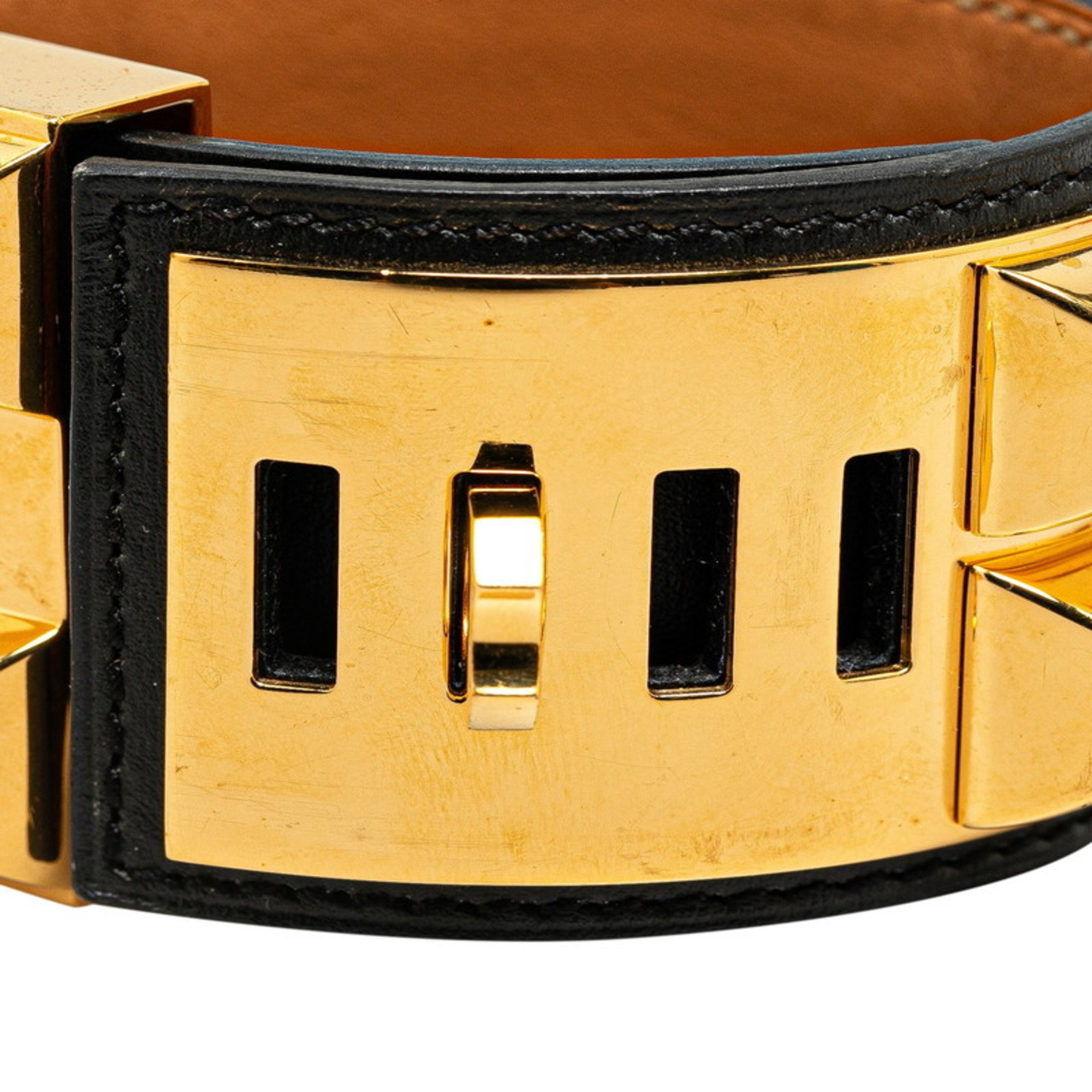 Hermes Collier de Chien Bracelet Black Gold Plated Leather Men's HERMES