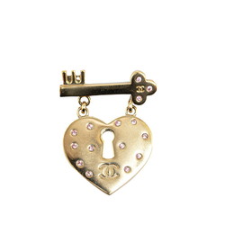 Chanel Coco Mark Heart Key Motif Rhinestone Brooch Gold Pink Plated Women's CHANEL