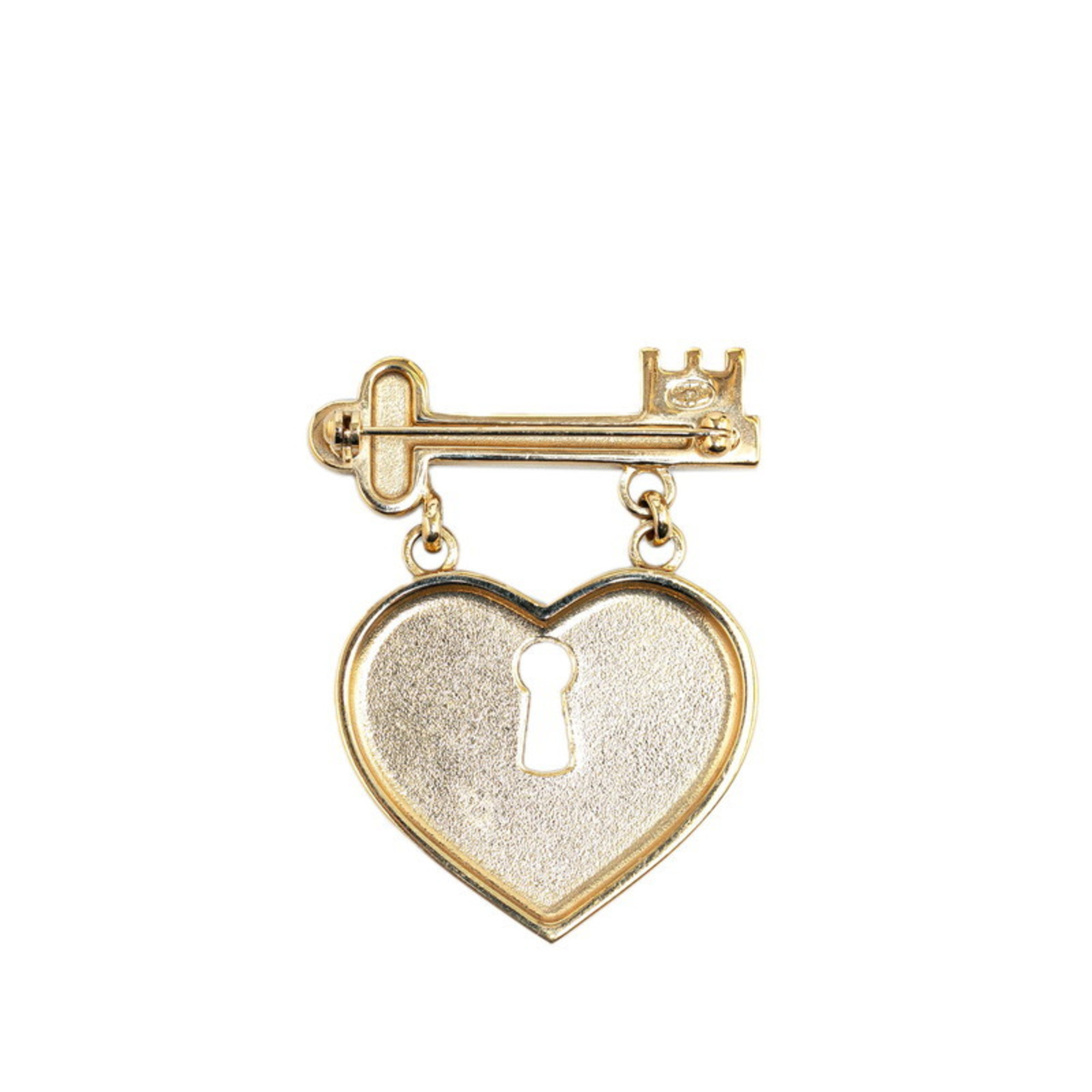 Chanel Coco Mark Heart Key Motif Rhinestone Brooch Gold Pink Plated Women's CHANEL