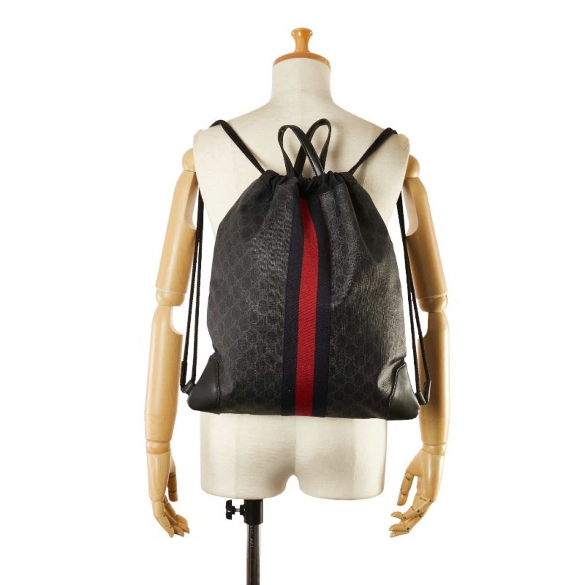 Gucci GG Supreme Sherry Line Drawstring Backpack 473872 Black Red PVC Leather Women's GUCCI